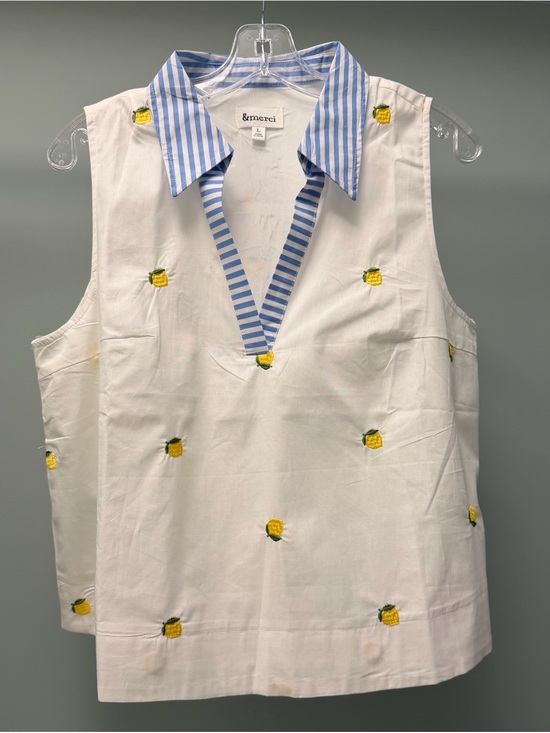 &merci Tops - &merci White Embroidered with Lemons Sleeveless Tunic with Blue Stripe Collar